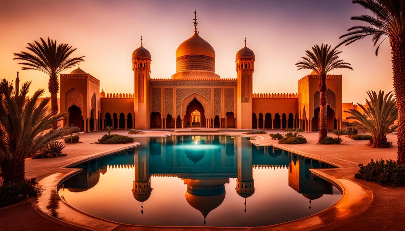 Golden Moroccan Palace Oasis at Sunset