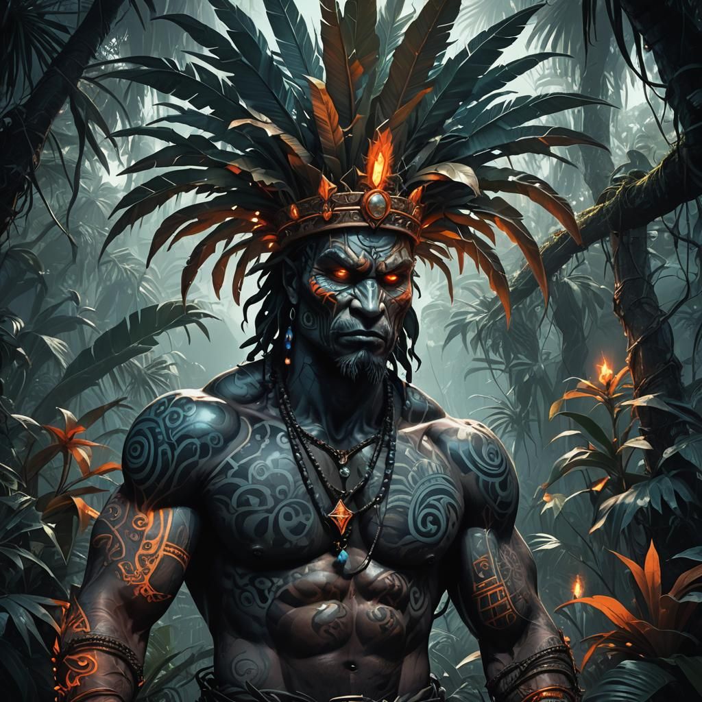 Menacing Palm Tree Tribal King in Dark Jungle