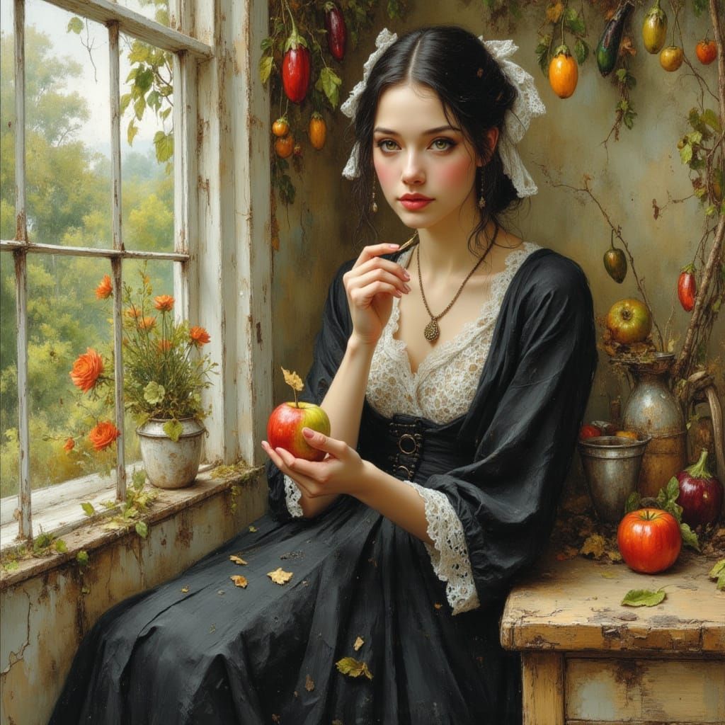 Woman in Rustic Kitchen, Folk Art Impressionism