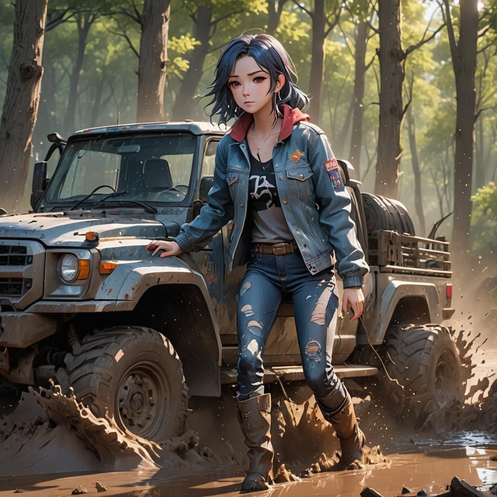 Girl Driving Truck in Mud: Vibrant 3D Anime Art