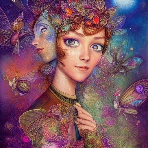 Colorful Pixie Portrait in Fractal Watercolor Style