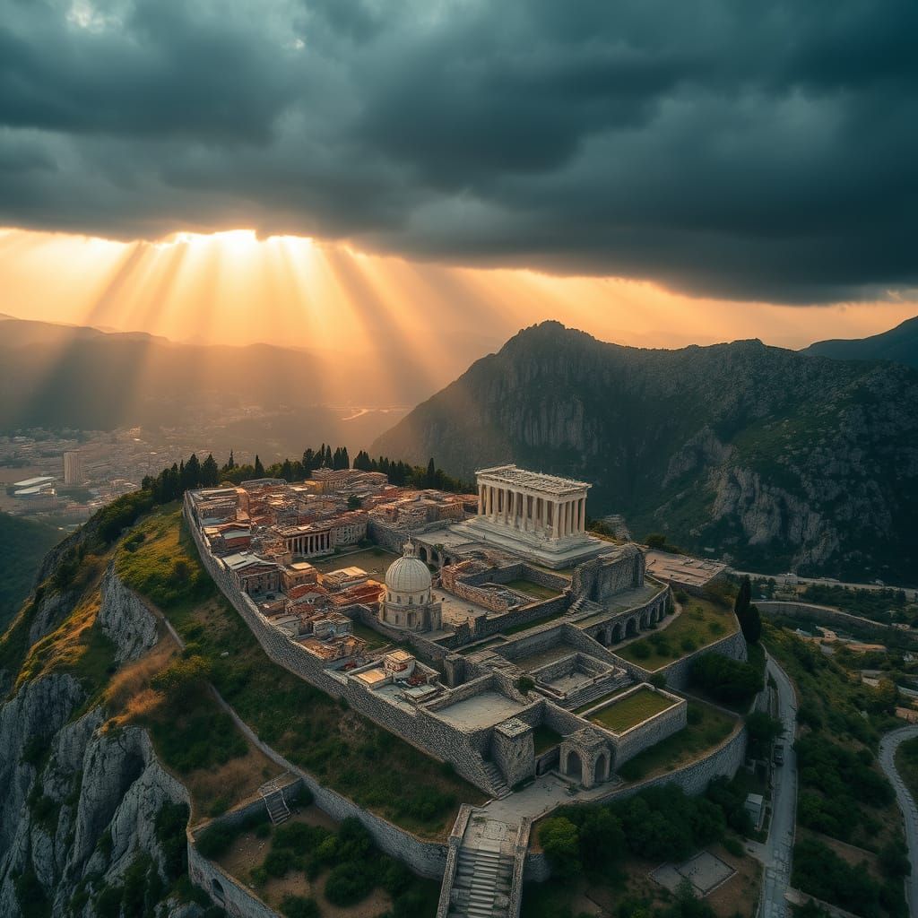 Ancient Greek City Under Rainy Skies with Rainbow