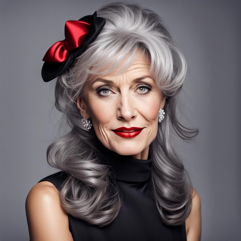 Elegant Woman with Grey Hair and Red Lipstick