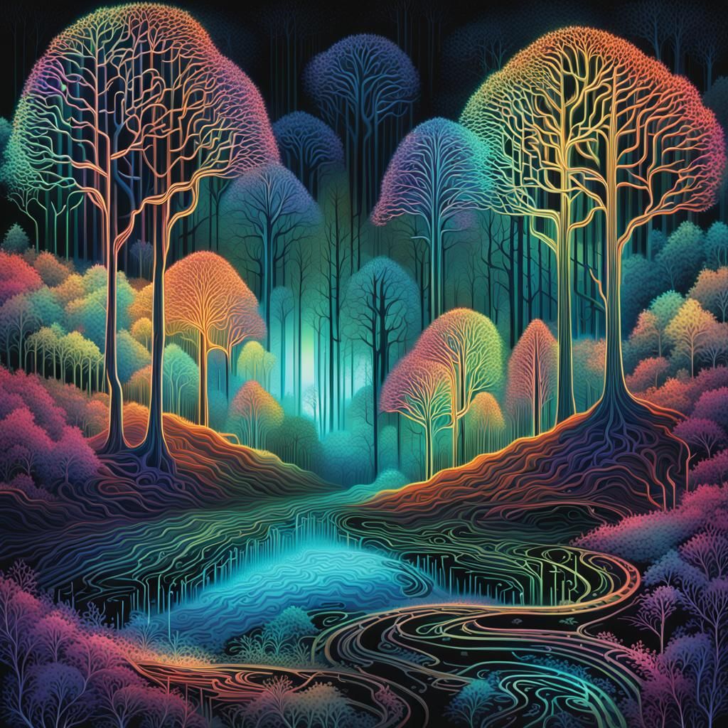 Neon Jungle: Circuit Board Trees in Cyberpunk Style