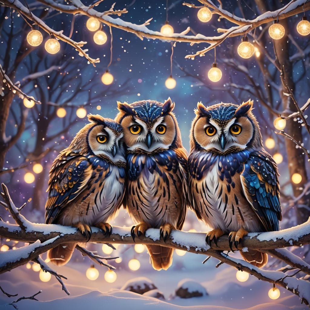 Colorful Owls in Winter Wonderland