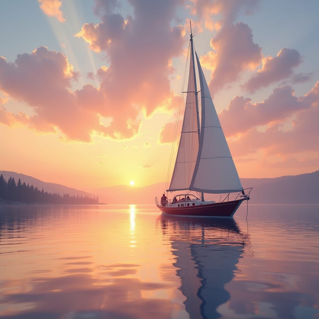 Sailboat Glides on Lake at Sunrise in Impressionistic Style