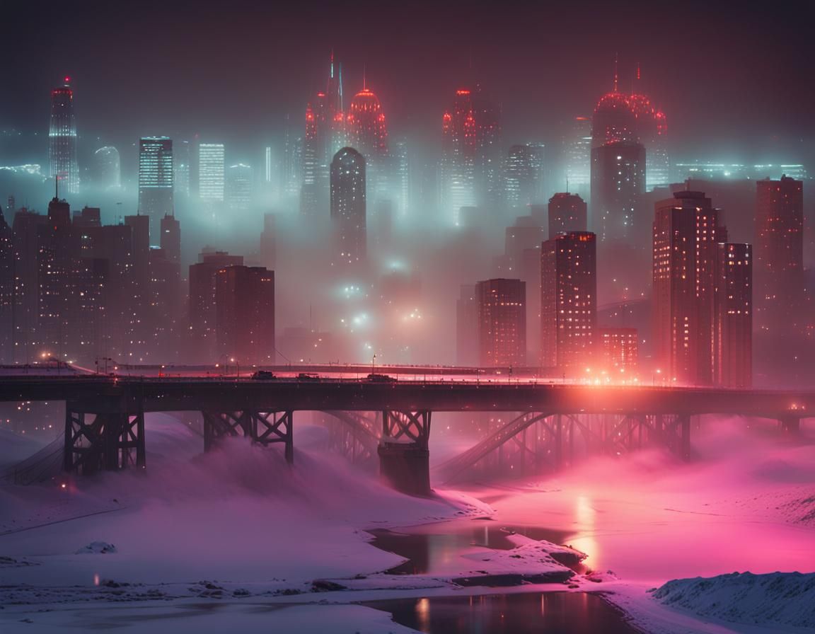 Cyberpunk Train Bridge over Frozen River