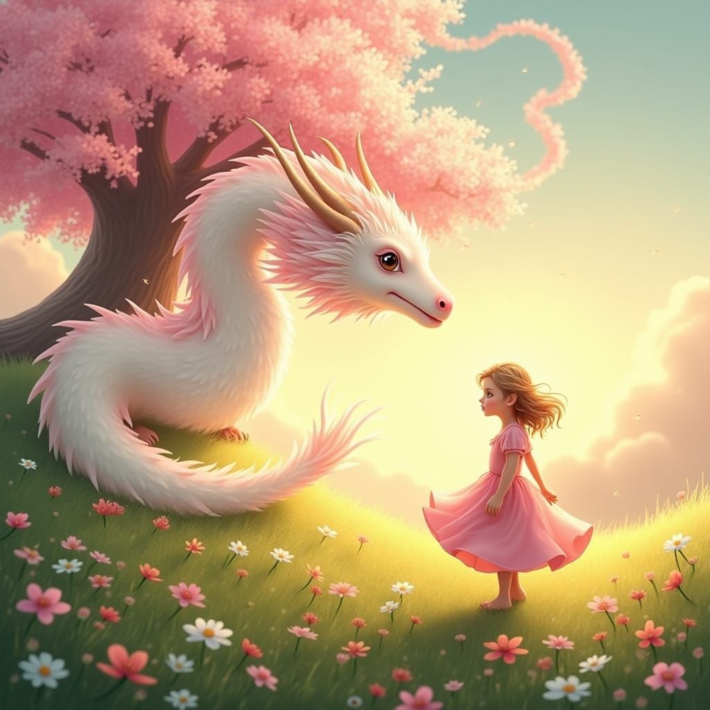 Girl in Meadow with Cloud Dragon, Fantasy Art