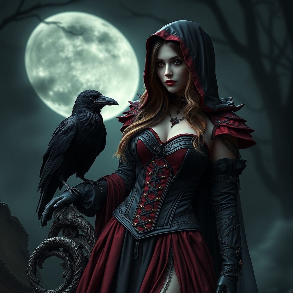 Mystical Sorceress in Dark, Gothic Attire Under Ethereal Ful...