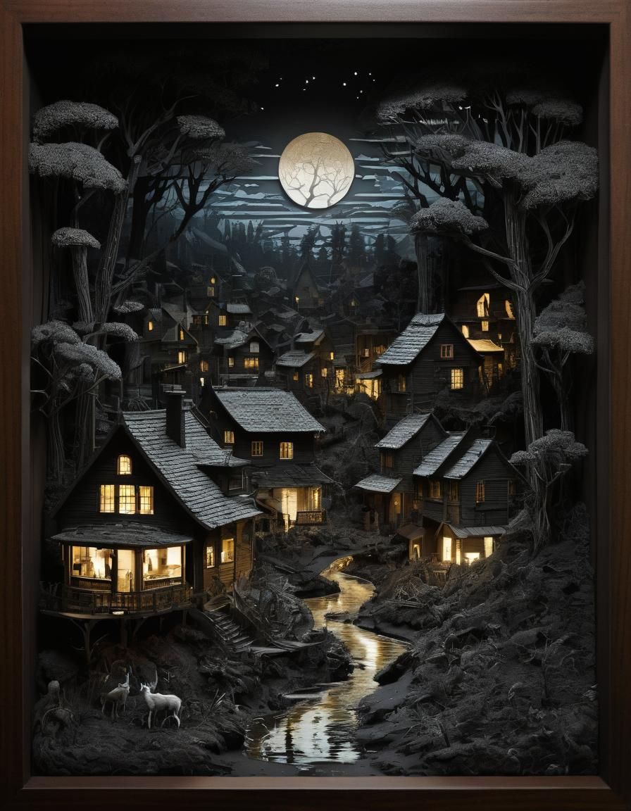 Grisaille Papercut Diorama of Sleeping Village
