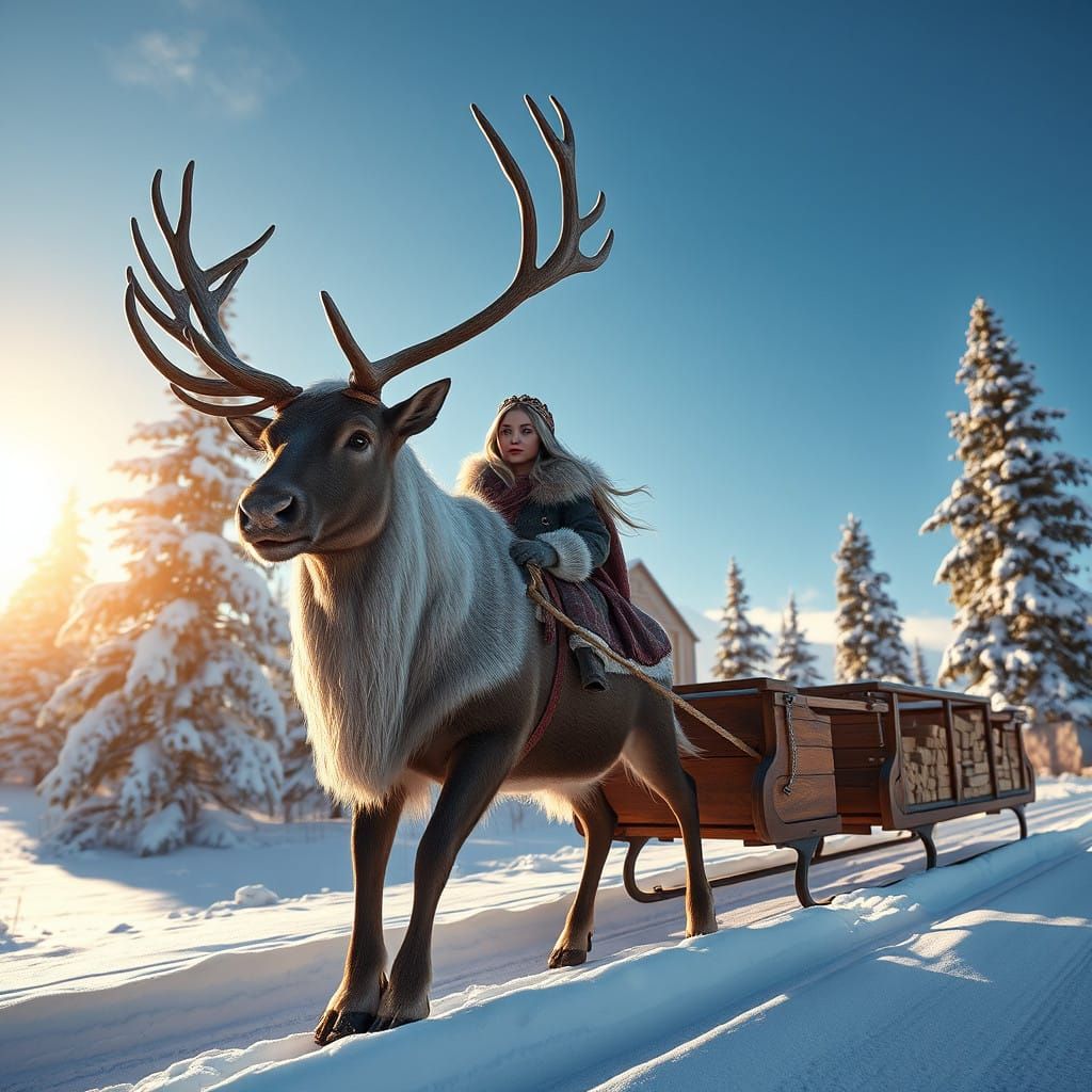 Majestic Reindeer Guided by Enchanting Woman in Pine Forest