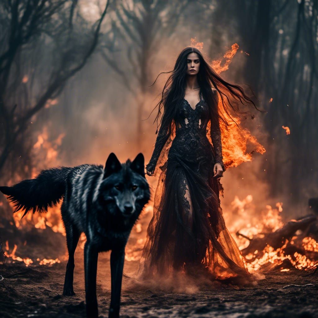 Gothic Goddess and Wolf in Burning Battlefield