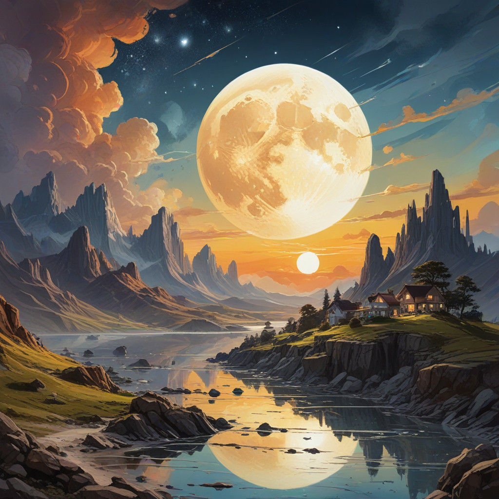 (masterpiece, best quality), Close up, eye-catching Digital art Extremely detailed of a Sun and Moon landscape of differ...