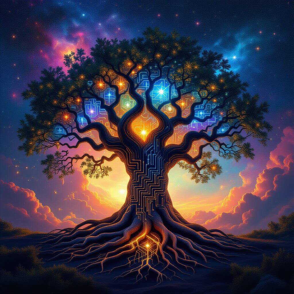 Ancient Tree With Geometric Roots in Cosmic Nebula