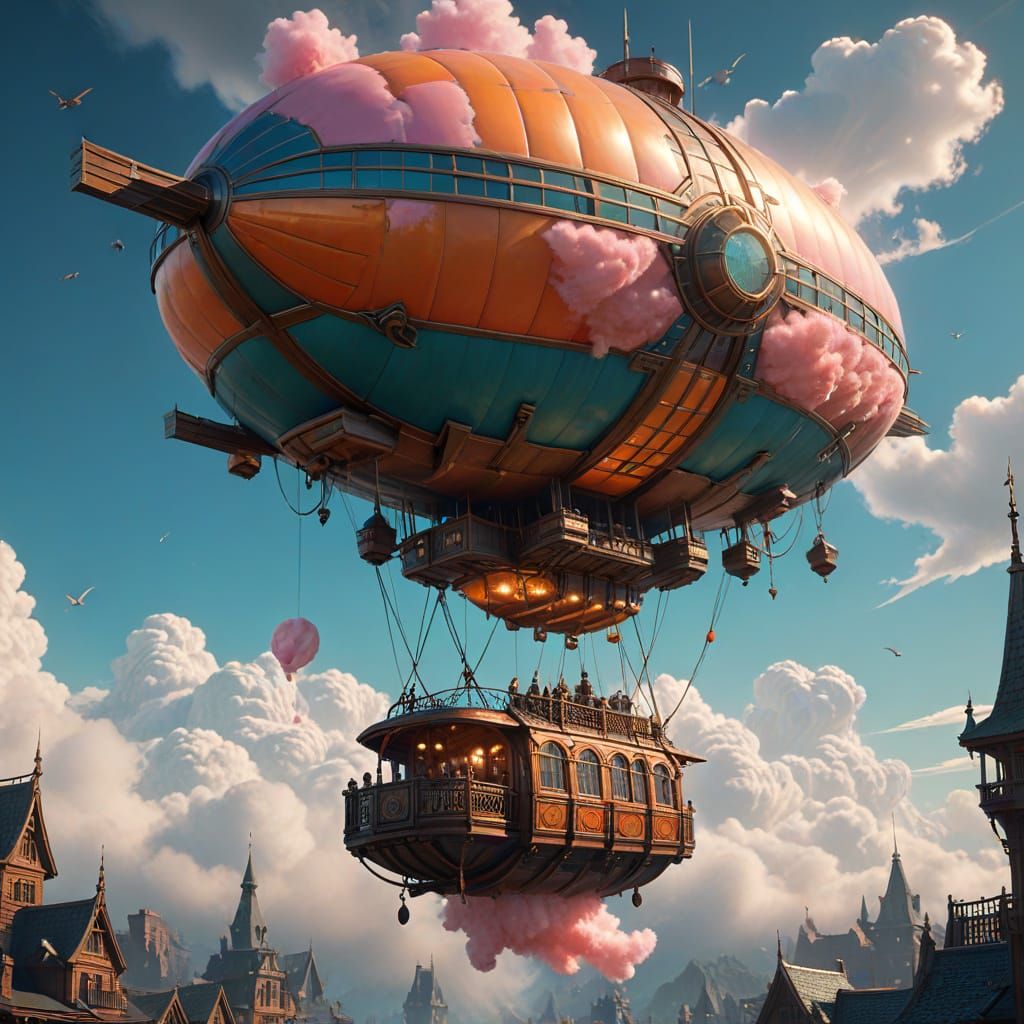 Retro Fantasy Cotton Candy Airship, Alphonse Mucha Style