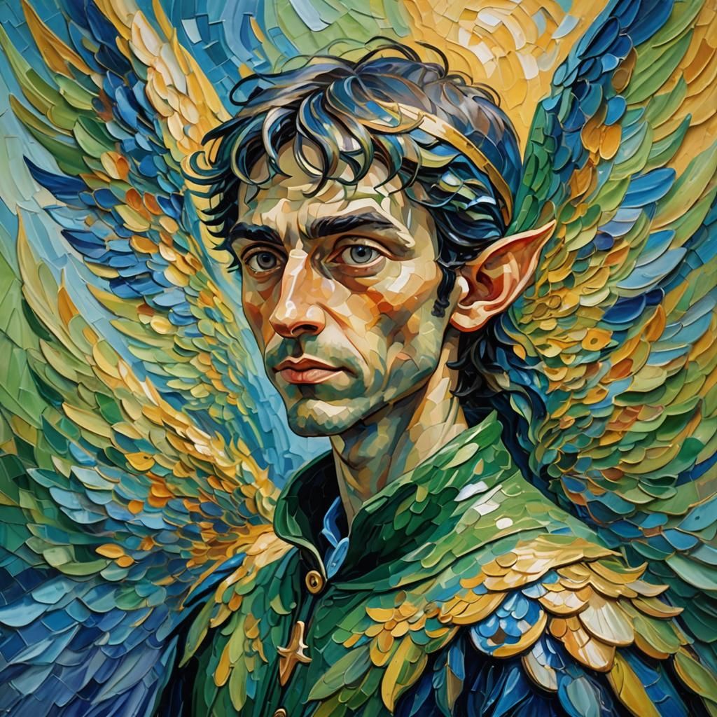 Winged Elf Portrait in Expressionist Impasto Oil Painting