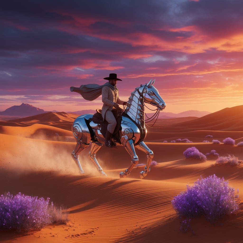 Futuristic Cowboy Rides Cybernetic Steed on Alien World at S...