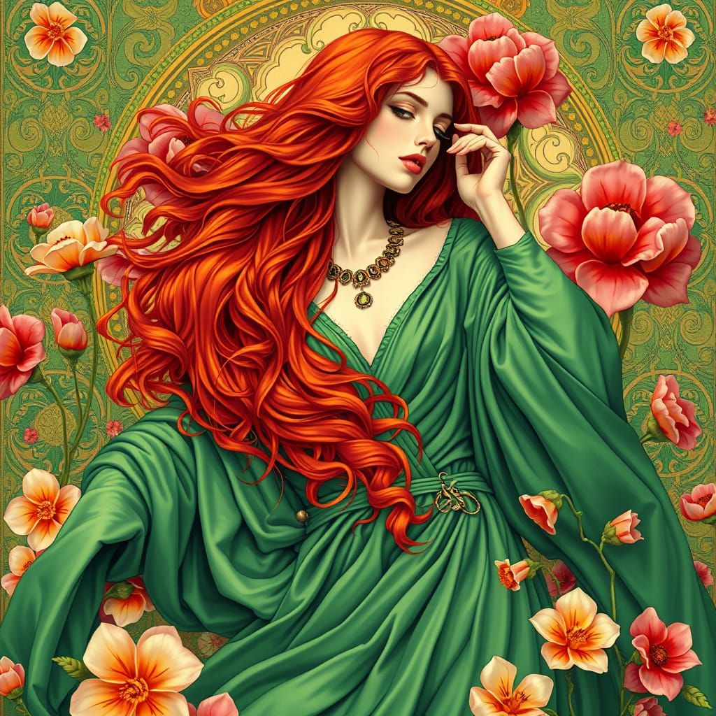 Goddess in Silk Robes with Art Nouveau Flowers