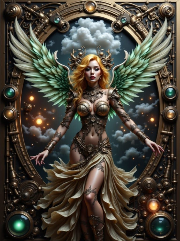 Steampunk Angel with Green Glass Wings and Golden Hair