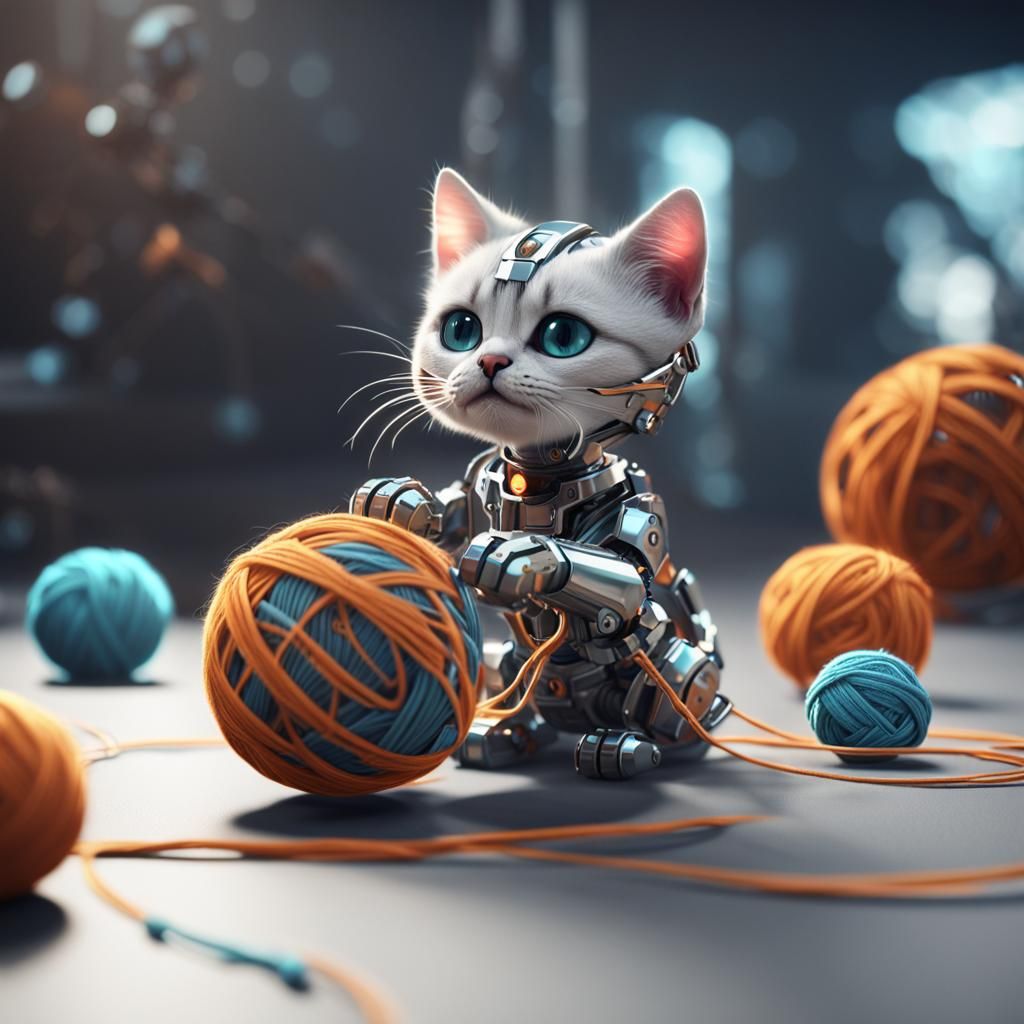 Cyborg Kitten Plays with Yarn in Sci-Fi Style