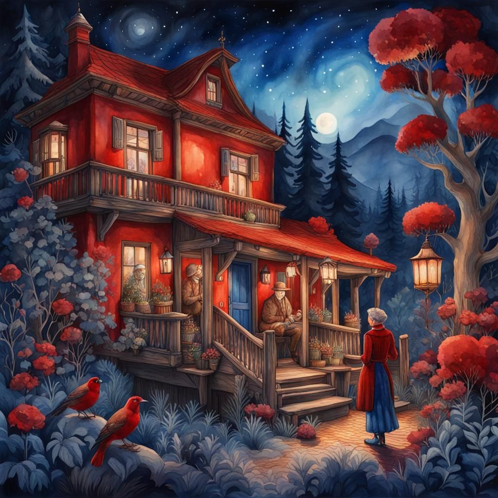 Vivid Watercolour of Wilderness Nightlife in Red and Blue