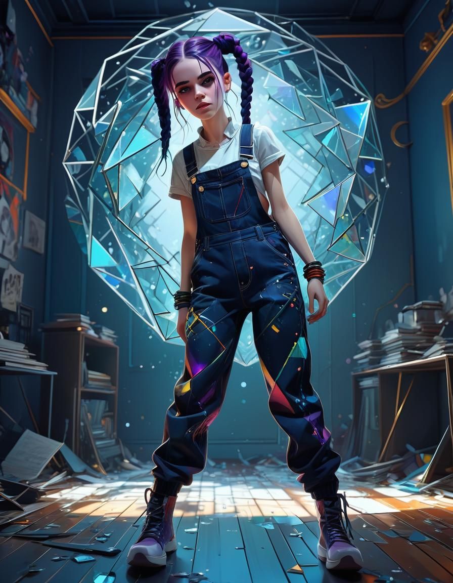 Anime Girl with Braids in Broken Glass Style