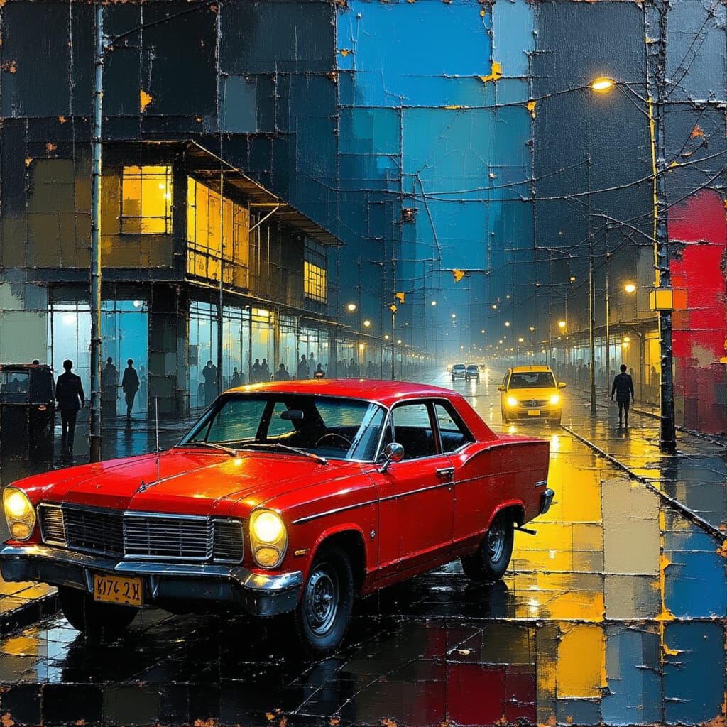 Rainy Night City Car: Abstract Expressionist Painting