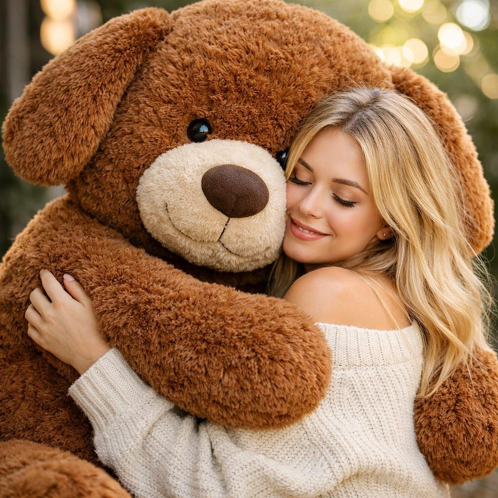 Blonde Girl Hugs Giant Brown Teddy Bear in Professional Phot...