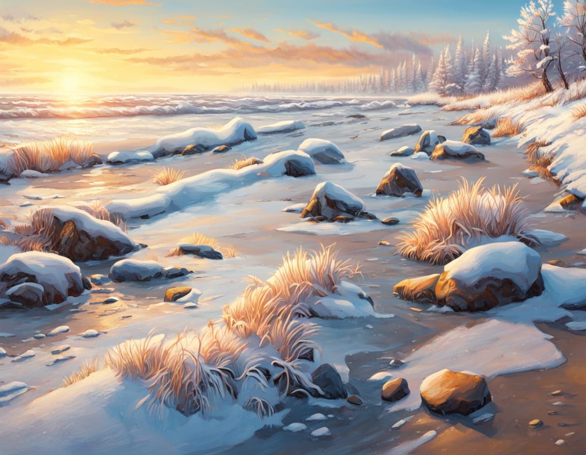 Icy Winter Beach in Golden Hour: Oil Painting