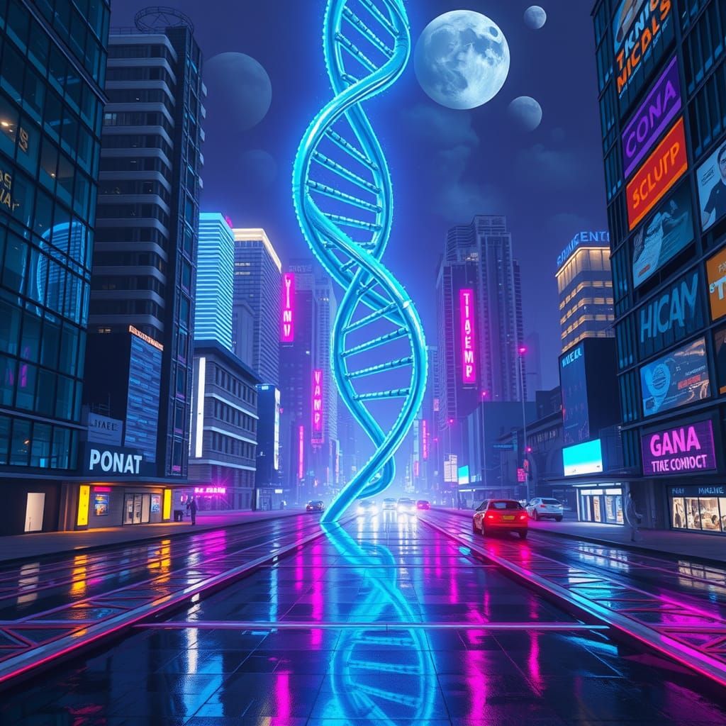 Futuristic Cityscape with Glowing DNA Helix in Neon Noir