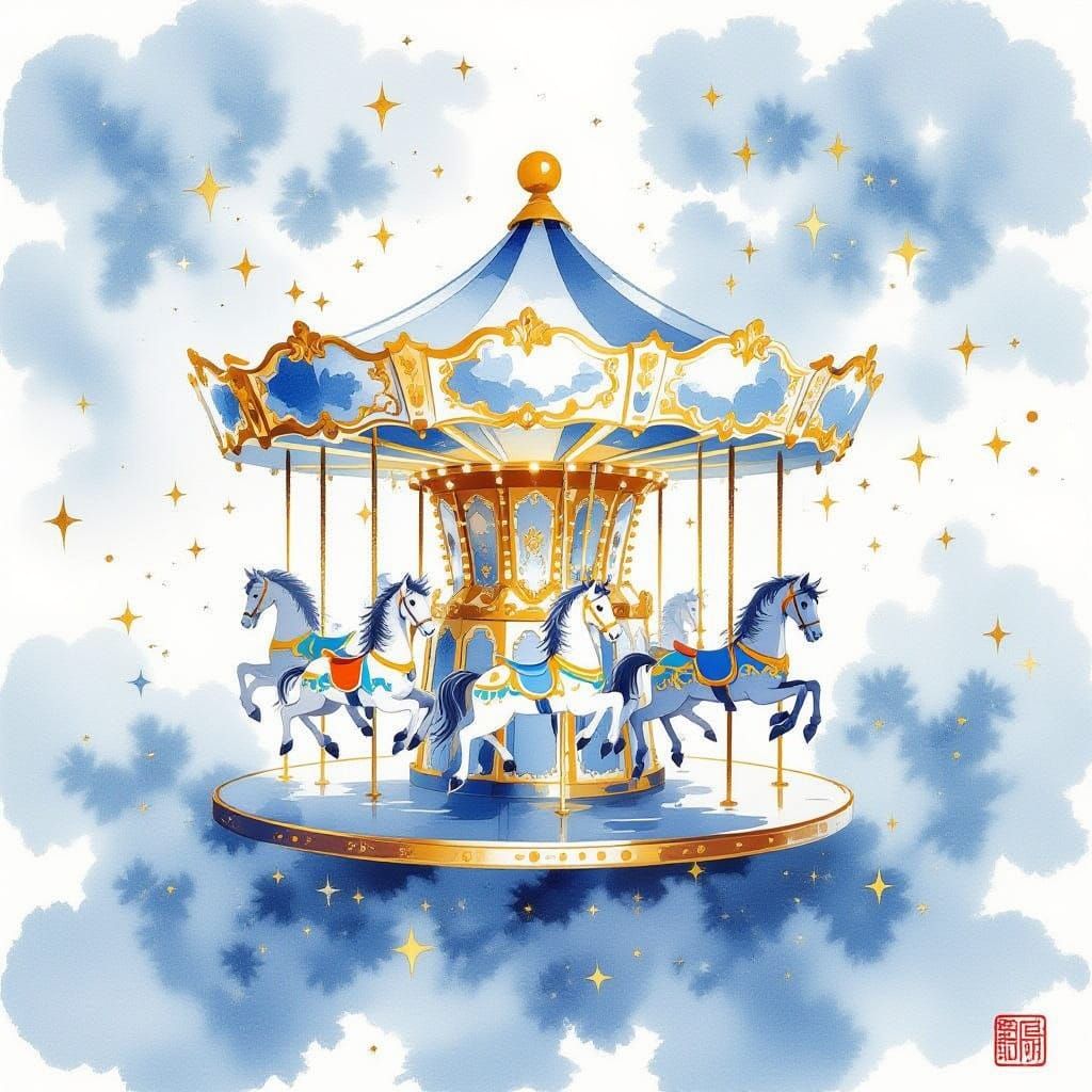 Golden Carousel in Blue Sumi-e Style