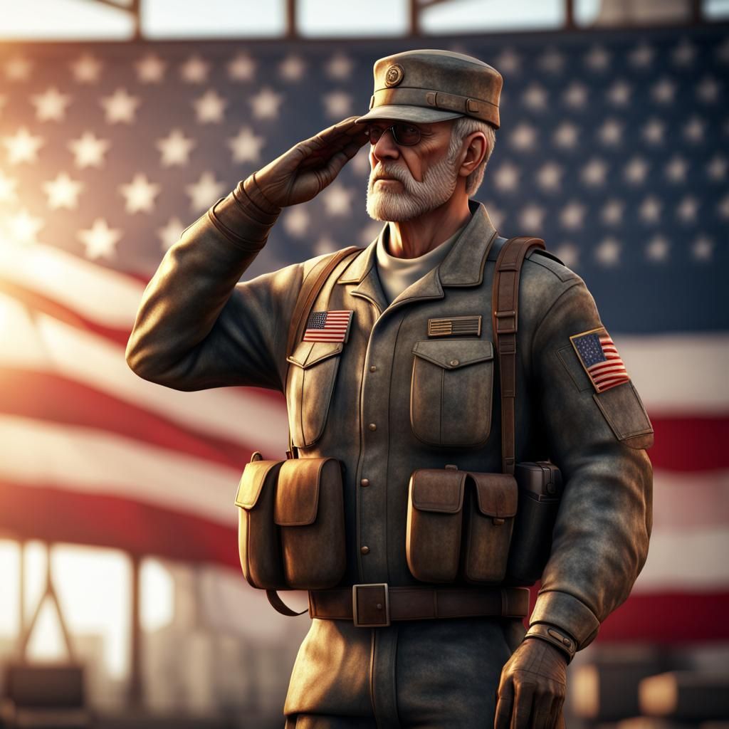 Veteran Saluting Flag in 3D Game Style