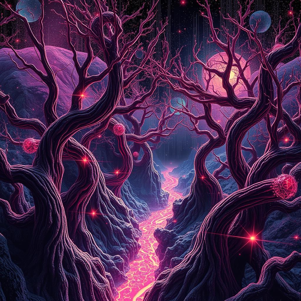 Mystical Landscape with Psychedelic 80s Retrowave Aesthetic