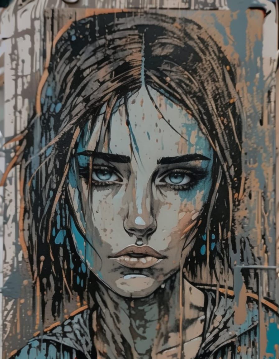 Sad Gothgirl Portrait in High Contrast Impasto Style