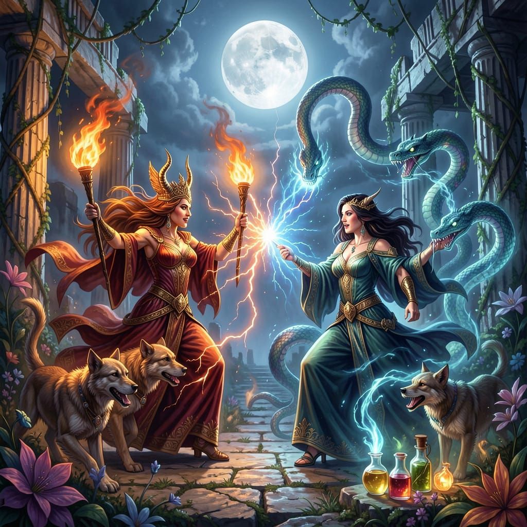 Hecate and Circe's Epic Magical Duel in Ancient Ruins