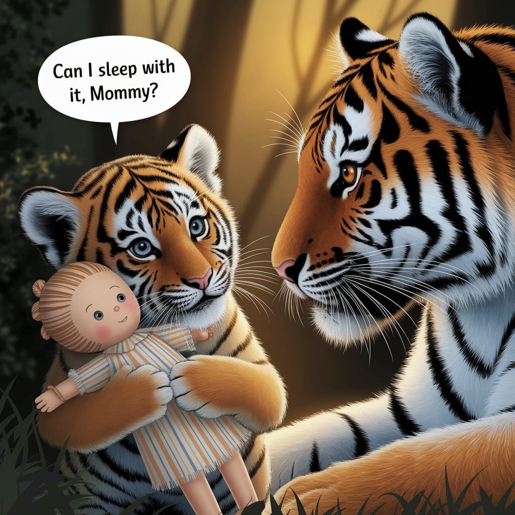 Tiger Cub and Raggedy Ann Doll in Golden Light