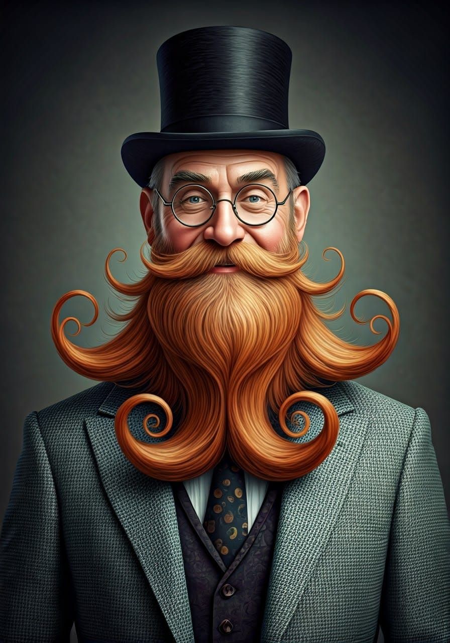 Whimsical Man with Curled Beard and Top Hat