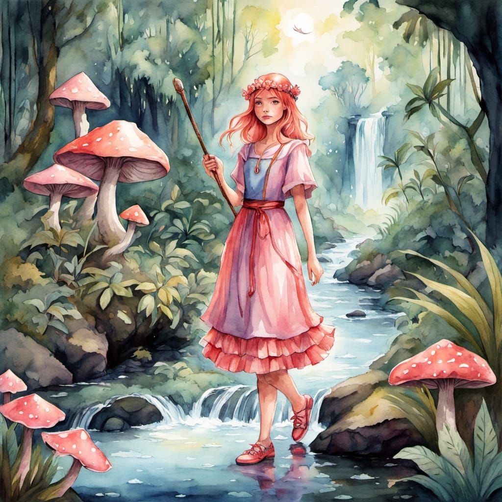 Whimsical Watercolor Mage Beside Jungle Stream