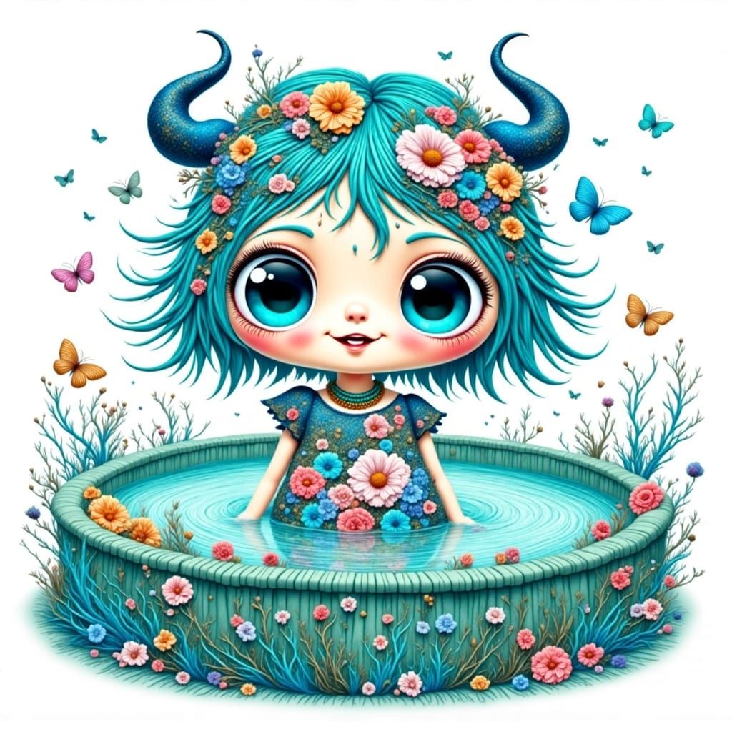 Floral Chibi Girl Illustration in Cobalt Waters