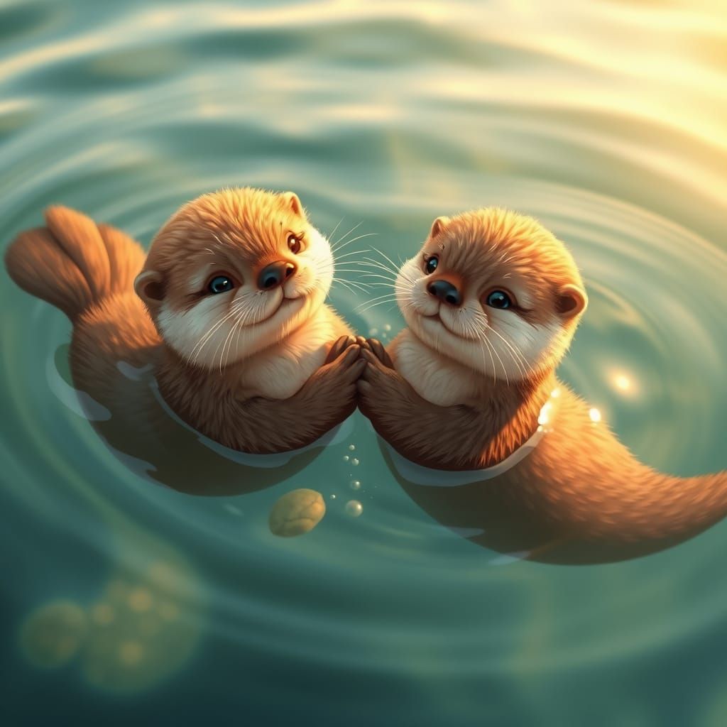 Two Otters Swim Together in a Tender Moment of Affection