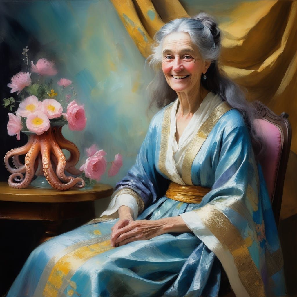 Whimsical Impressionist Portrait of Woman with Octopus and K...