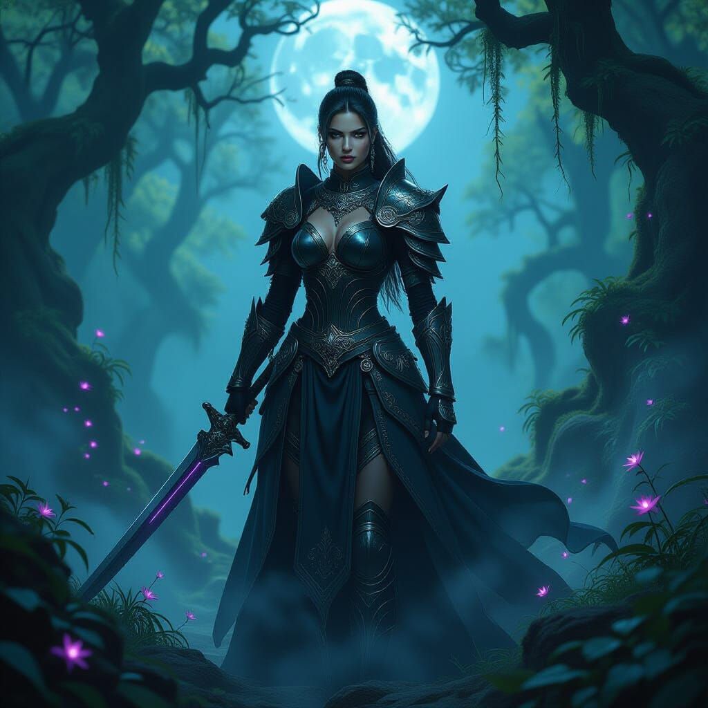 Dark Fantasy Warrior with Cyberpunk Accents in Enchanted For...