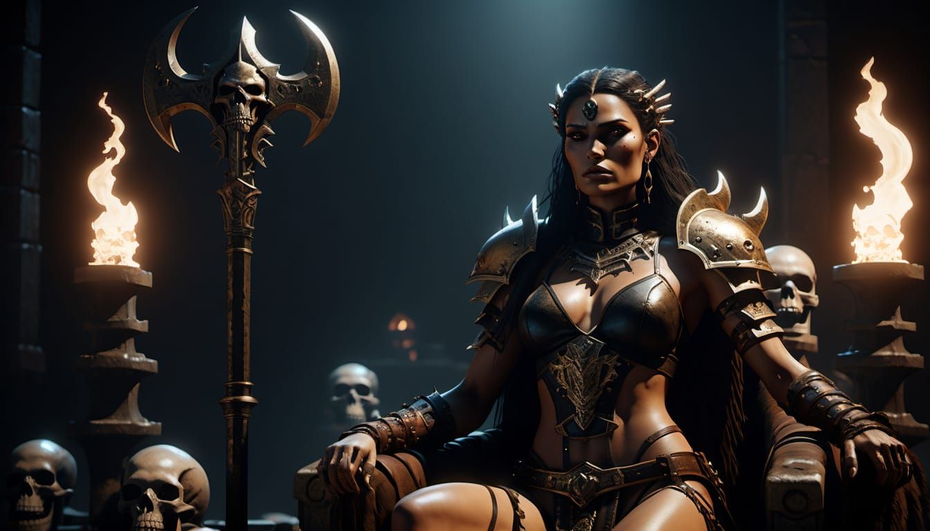 Barbarian Queen on Skull Throne in Dark Fantasy Style