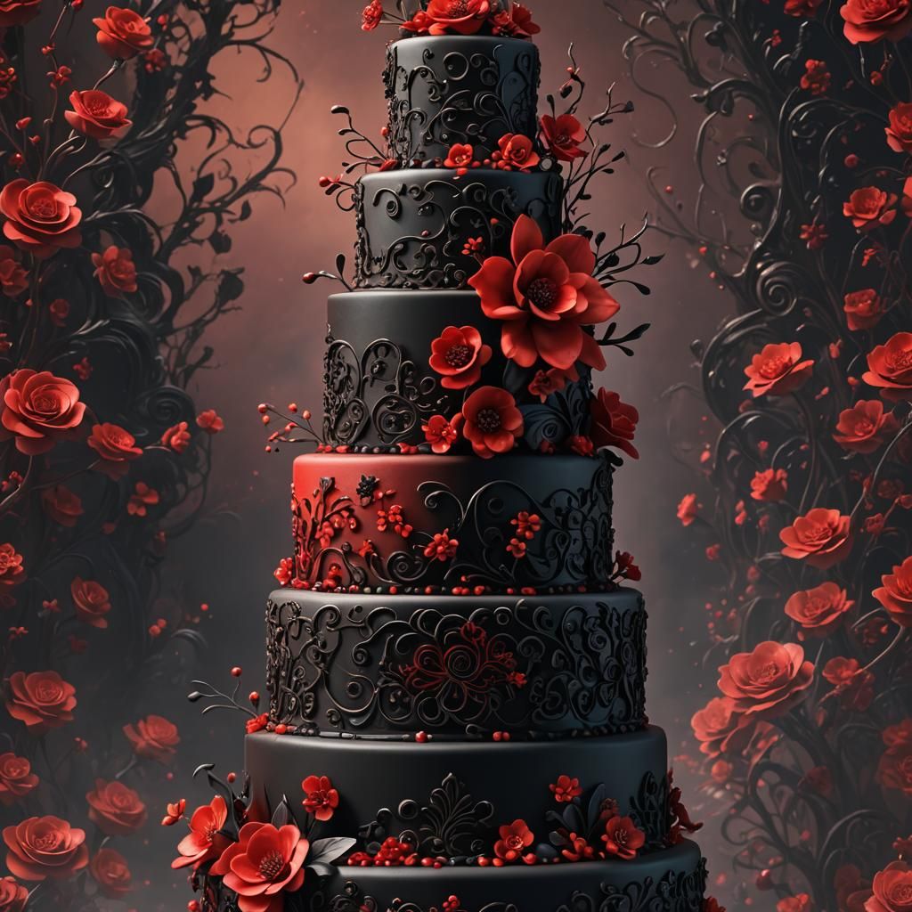 Opulent Red and Black Wedding Cake in 8K