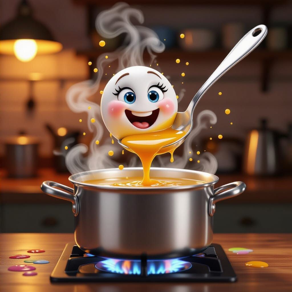 Joyful Silver Ladle Dancing Above Soup, Warm Kitchen Oil Pai...