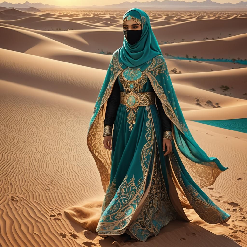 Regal Woman in Niqab Shimmers in Desert