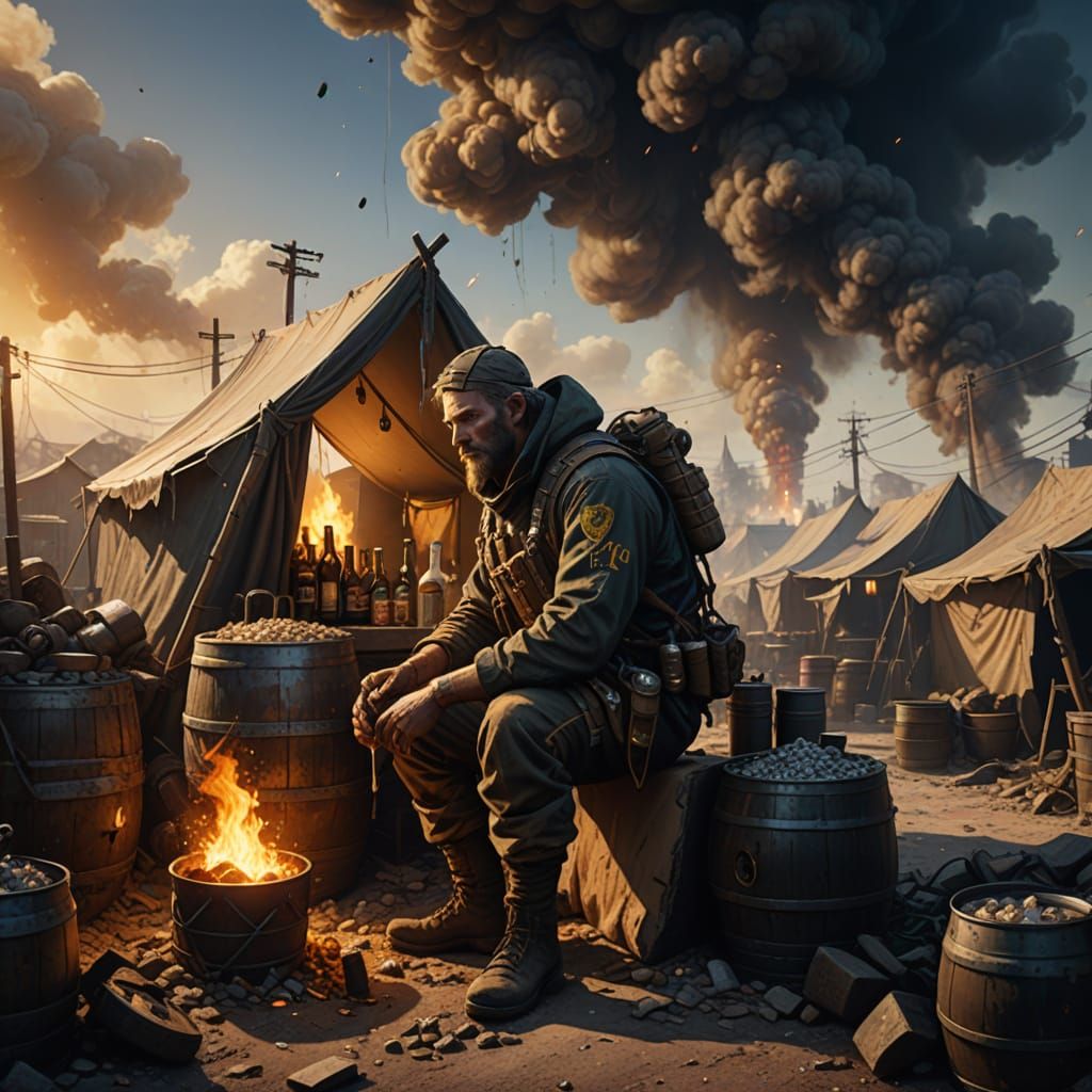 War-Torn Village Beer Brew in Warm Golden Light