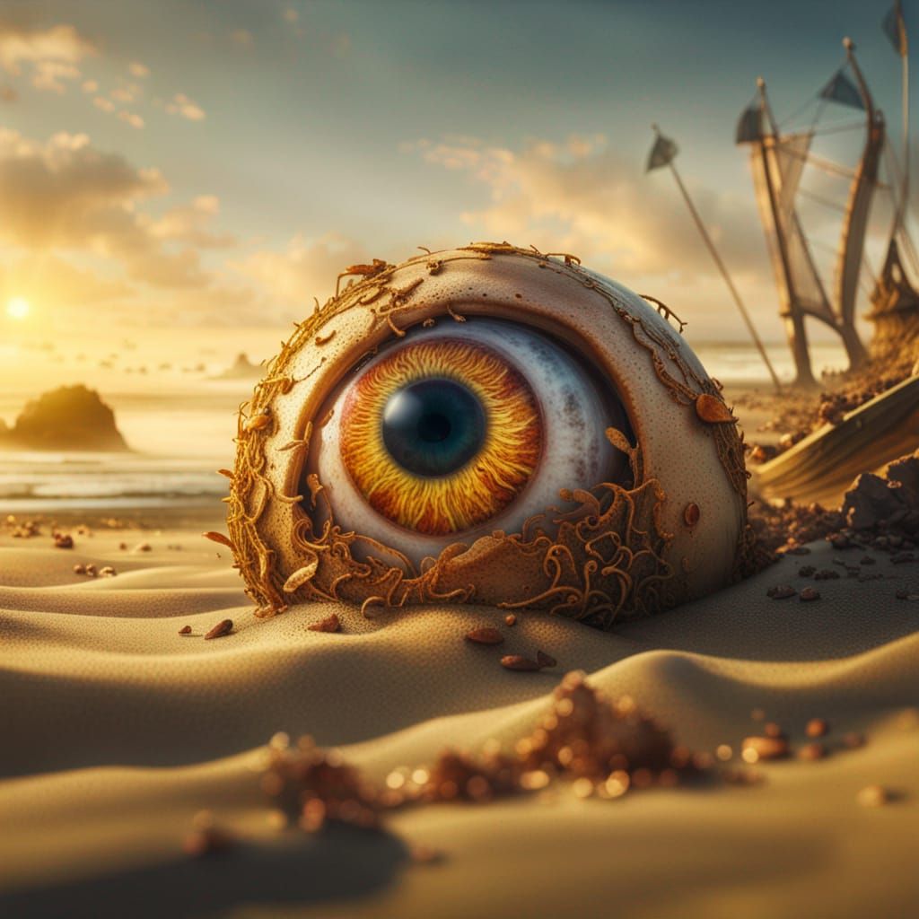 Decaying Giant Eyeball on Sun-Kissed Beach in Epic Digital M...