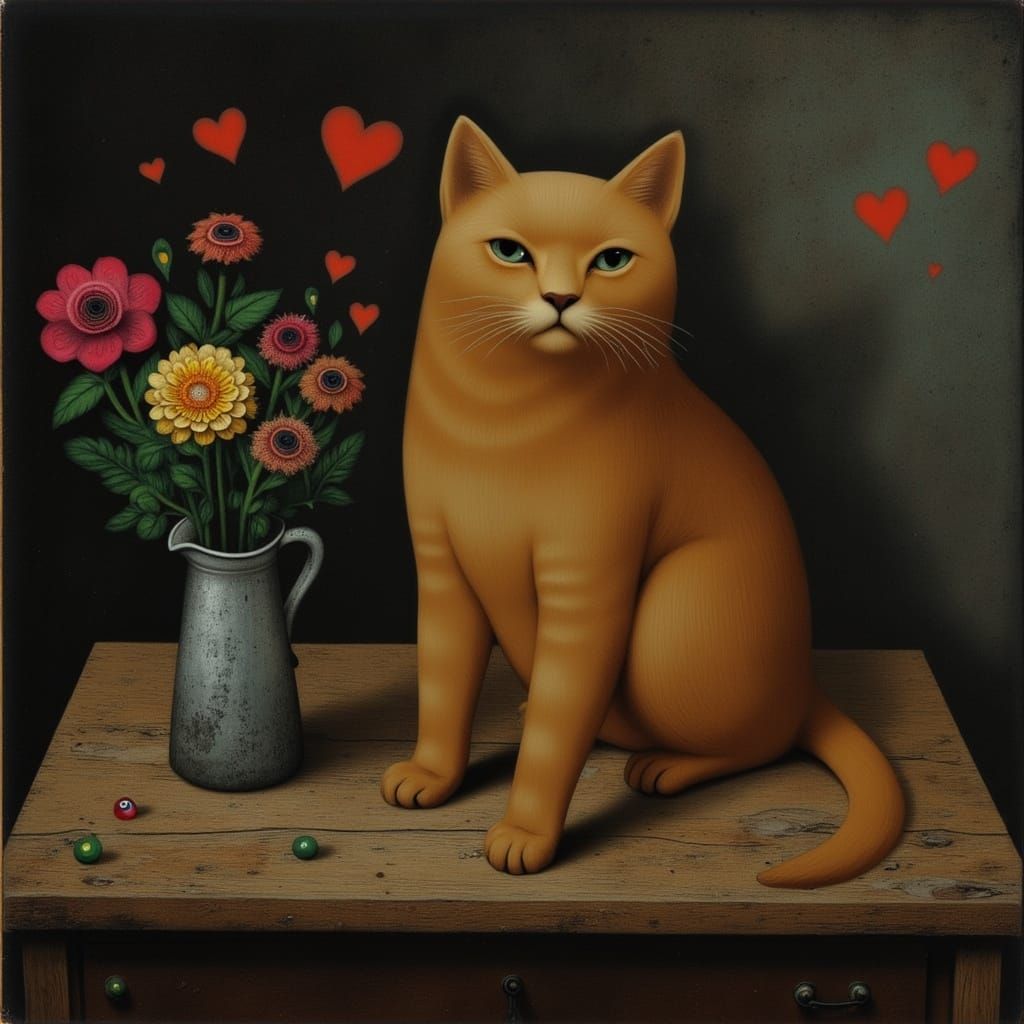 Ginger Cat with Pewter Jug in Moody Still-Life