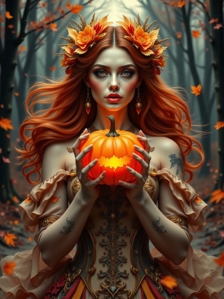 Autumn Witch in Ethereal Gown with Glowing Pumpkin